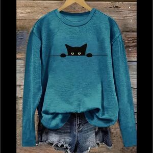 Black Cat Print Long-Sleeved Crew Neck Casual T-Shirt Sz 16